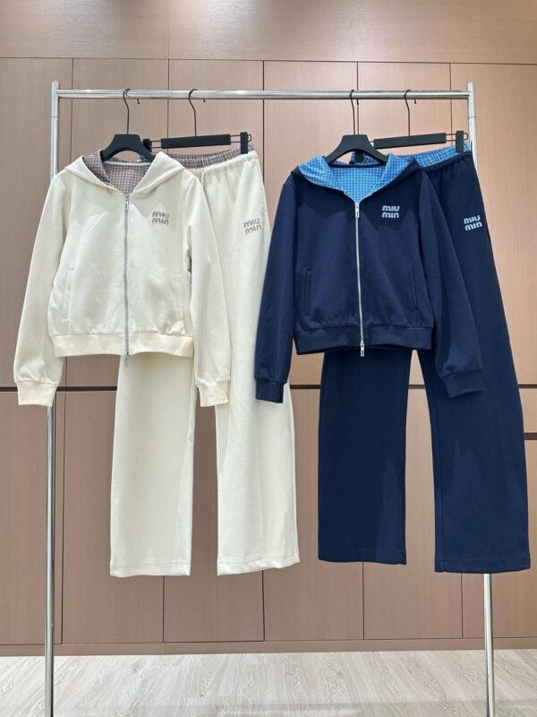 miumiu autumn new style hooded double zipper plaid patchwork jacket with elastic waist drawstring trousers