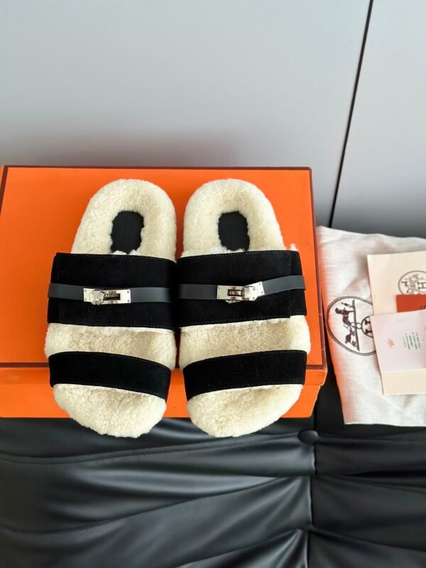Hermès autumn and winter new Kelly fur slippers lining wool material high-end version