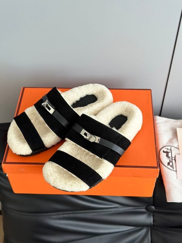 Hermès autumn and winter new Kelly fur slippers lining wool material high-end version