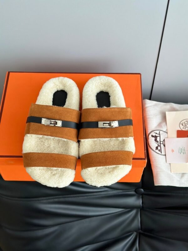 Hermès autumn and winter new Kelly fur slippers lining wool material high-end version