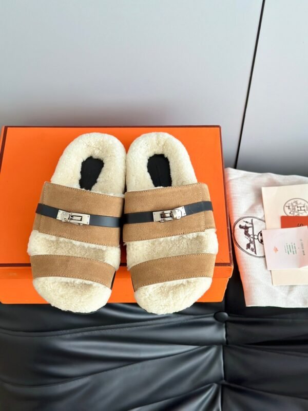Hermès autumn and winter new Kelly fur slippers lining wool material high-end version