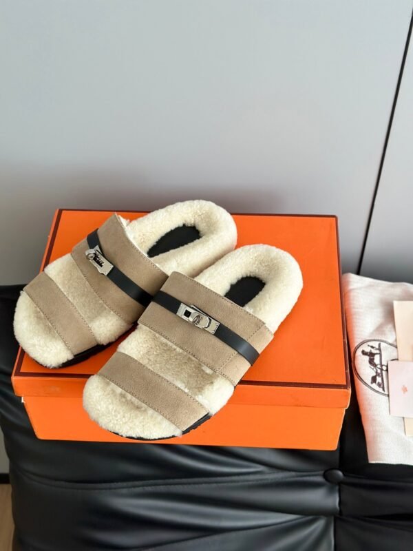 Hermès autumn and winter new Kelly fur slippers lining wool material high-end version