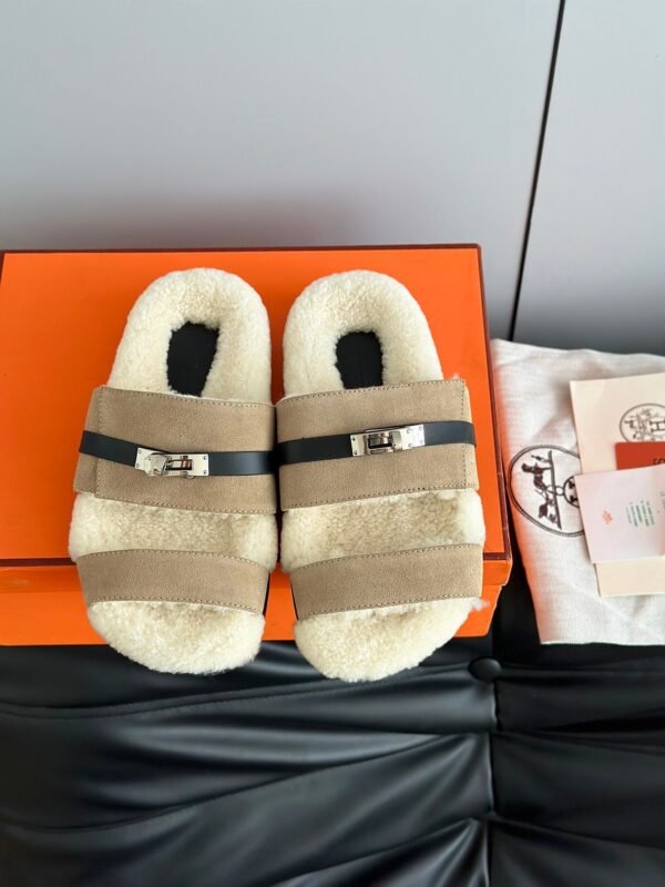 Hermès autumn and winter new Kelly fur slippers lining wool material high-end version