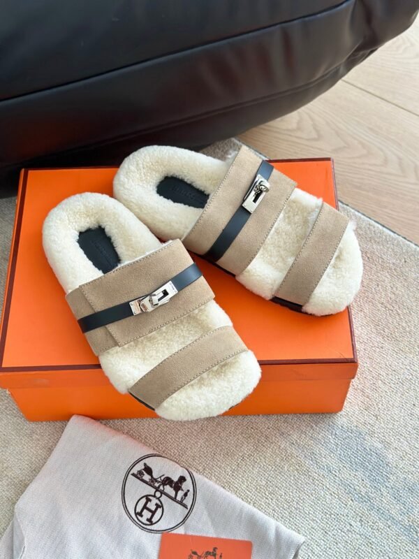 Hermès autumn and winter new Kelly fur slippers lining wool material high-end version