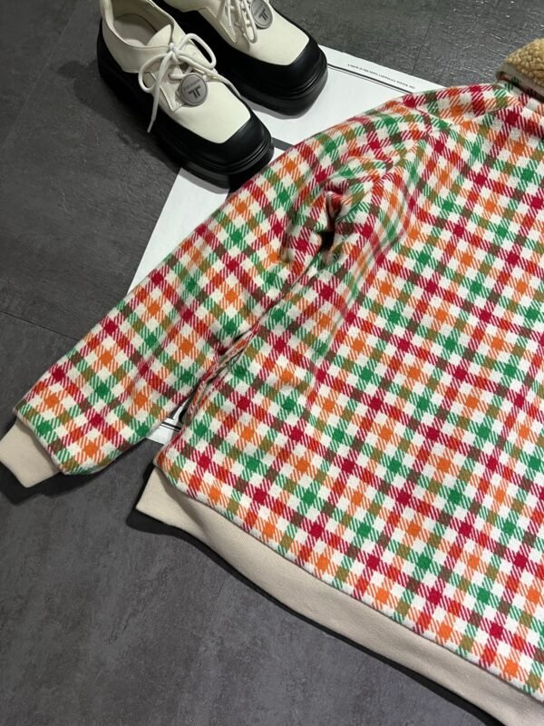 2025 Autumn and Winter Catwalk Style Colorful Plaid Lambswool Collar Jacket Premium Edition
