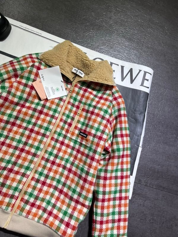 2025 Autumn and Winter Catwalk Style Colorful Plaid Lambswool Collar Jacket Premium Edition