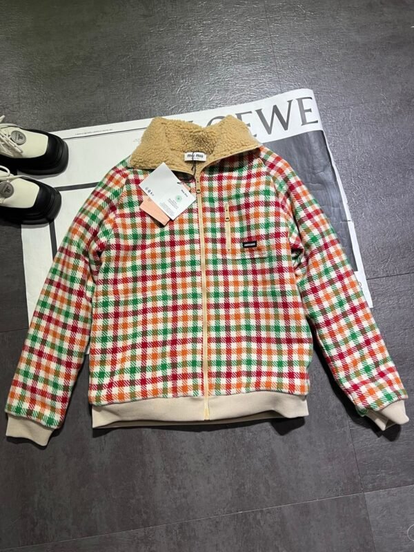2025 Autumn and Winter Catwalk Style Colorful Plaid Lambswool Collar Jacket Premium Edition