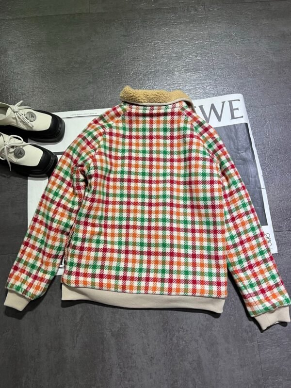 2025 Autumn and Winter Catwalk Style Colorful Plaid Lambswool Collar Jacket Premium Edition