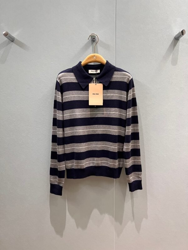 miumiu  Colorblock striped polo lapel knitted long-sleeved top high-quality clothing