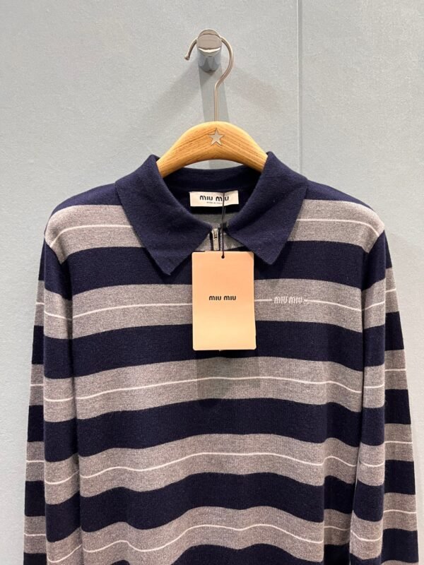 miumiu  Colorblock striped polo lapel knitted long-sleeved top high-quality clothing