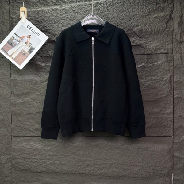 Louis Vuitton 2025 new embossed three-dimensional embossed full-print logo couple’s lapel knitted zipper jacket high quality