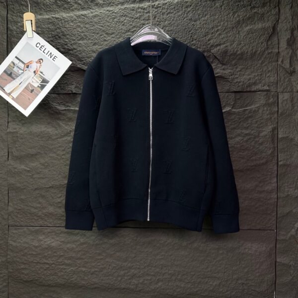 Louis Vuitton 2025 new embossed three-dimensional embossed full-print logo couple’s lapel knitted zipper jacket high quality