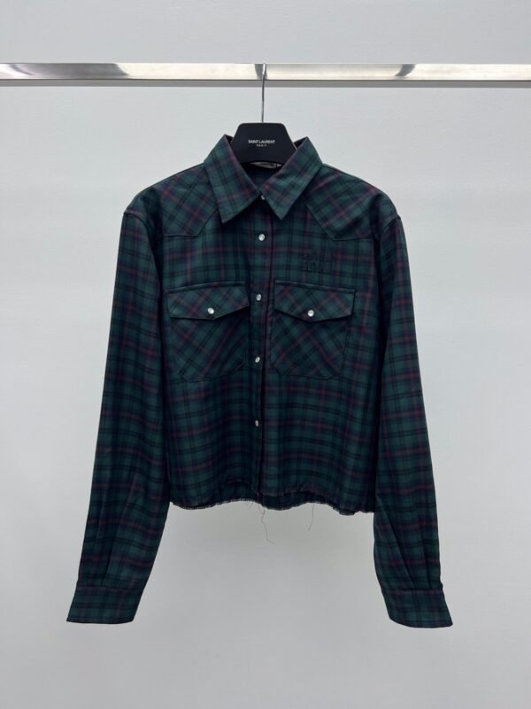 miumiu green plaid suit shirt uses retro contrasting plaid pattern High-quality clothing