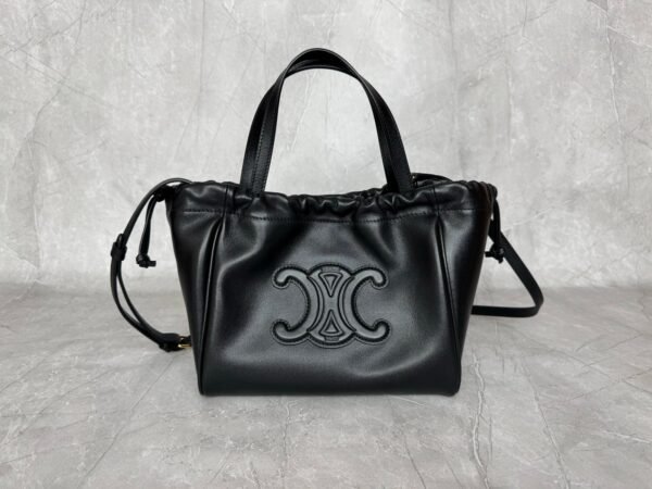Celine Mini Shopping Bag, CABAS TRIOMPHE Small Smooth Calfskin Drawstring Bag, Premium Version. Dimensions: 22 x 17 x 15 cm