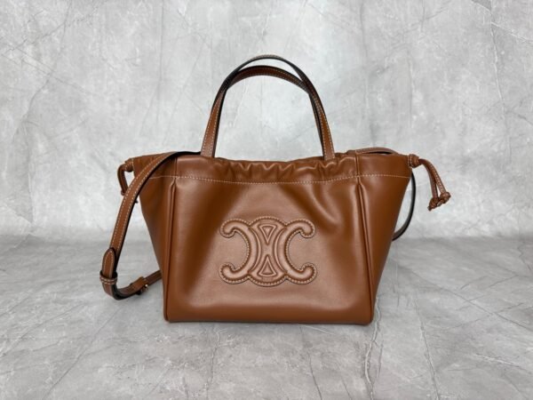 Celine Mini Shopping Bag, CABAS TRIOMPHE Small Smooth Calfskin Drawstring Bag, Premium Version. Dimensions: 22 x 17 x 15 cm
