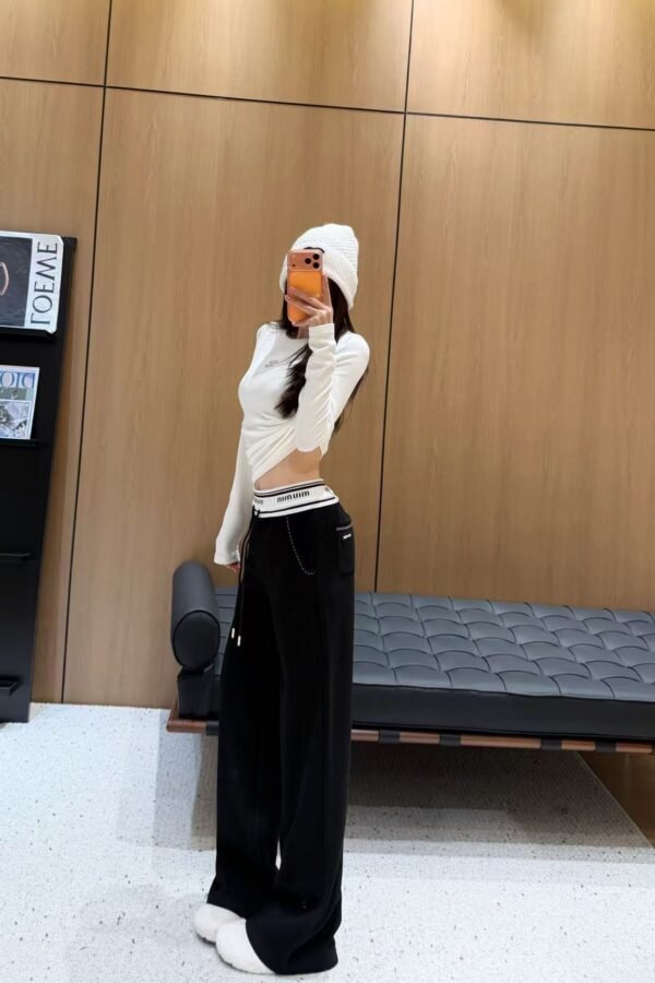 Miu Miu new style wide-leg trousers with elastic waistband and letter design.