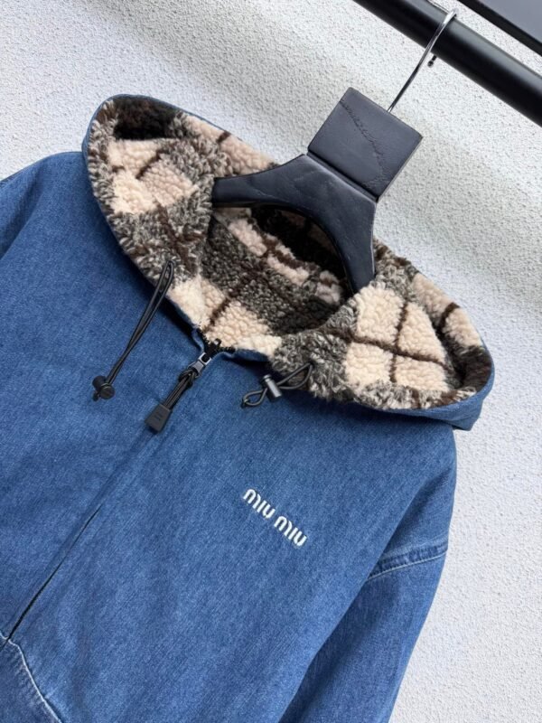 Miu Miu plaid reversible denim jacket with shearling lining – a winter essential.