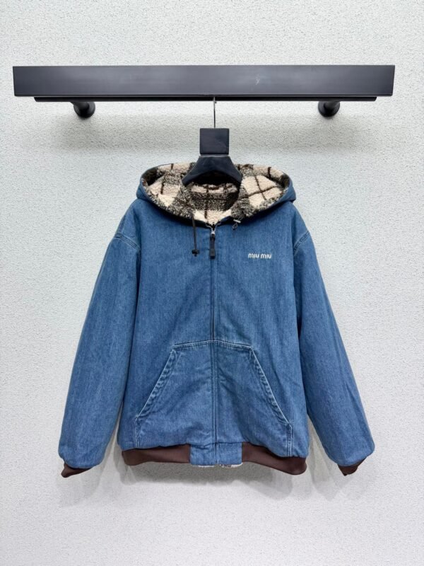 Miu Miu plaid reversible denim jacket with shearling lining – a winter essential.