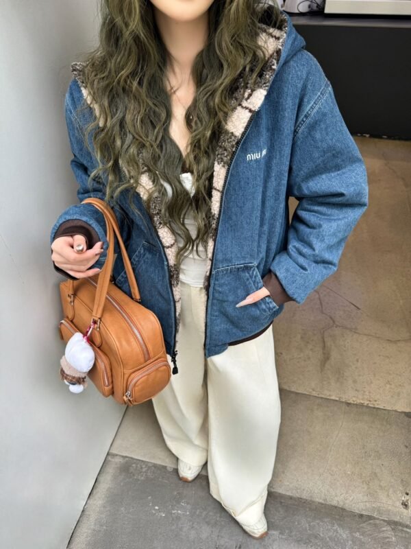 Miu Miu plaid reversible denim jacket with shearling lining – a winter essential.