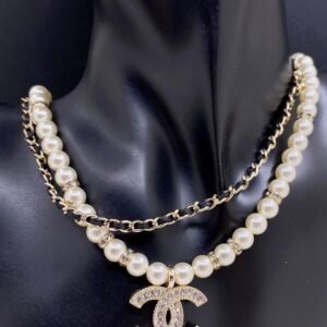 ch*nel black leather pearl double-layer necklace