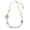 A white gold, blue and pink heart-shaped necklace