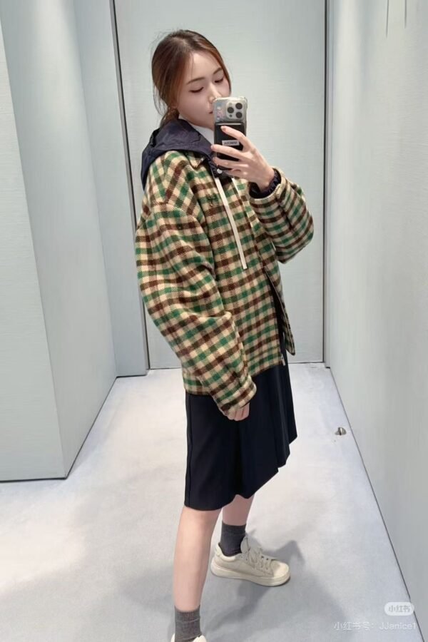 Miu Miu Fall/Winter New Classic Plaid Print Jacket Hooded Coat