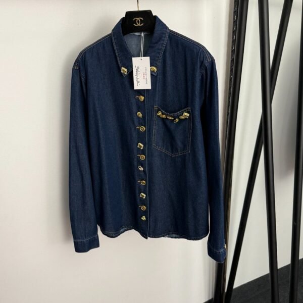 Schiaparelli Single-pocket long-sleeved denim shirt with shaped gold buttons